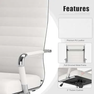 Okeysen White Office Desk Chair, Ergonomic Leather Modern Conference Room Chairs, Executive Ribbed Height Adjustable Swivel Rolling Chair for Home Office.