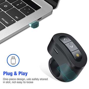 Rechargeable Finger Ring Wireless Presenter Clicker for PowerPoint, Keynote, Mac, Laptop - USB Presentation Remote with 2.4GHz RF