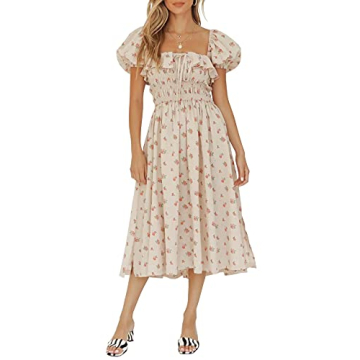R.Vivimos Floral Print Puff Sleeve Midi Dress for Summer