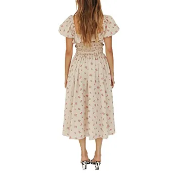 R.Vivimos Floral Print Puff Sleeve Midi Dress for Summer