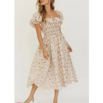 R.Vivimos Floral Print Puff Sleeve Midi Dress for Summer