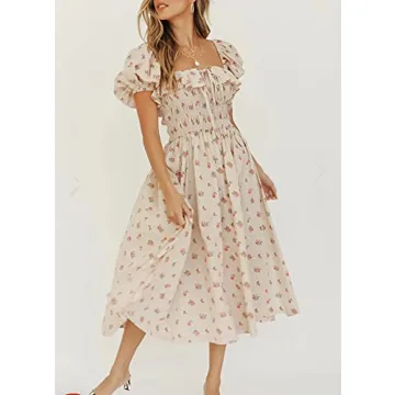 R.Vivimos Floral Print Puff Sleeve Midi Dress for Summer