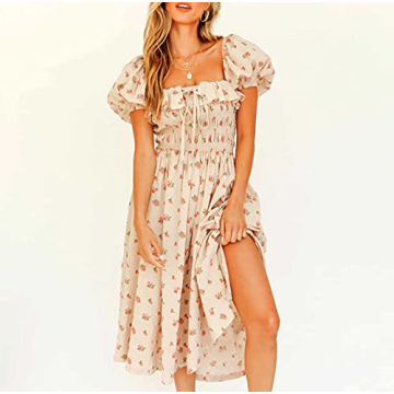 R.Vivimos Floral Print Puff Sleeve Midi Dress for Summer