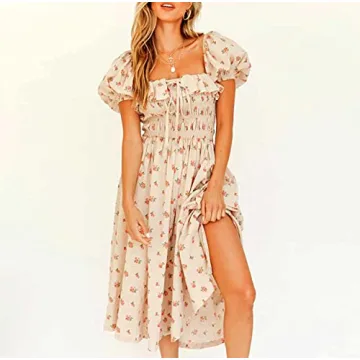 R.Vivimos Floral Print Puff Sleeve Midi Dress for Summer