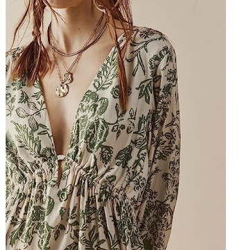 Women's Summer Print Mini Dresses Plunge Neckline Exaggerated Sleeves Ruched Waist Cutout Pleating Casual Long Sleeve Dress (US, Alpha, X-Large, Regular, Regular, Green)