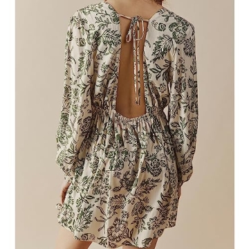 Women's Summer Print Mini Dresses Plunge Neckline Exaggerated Sleeves Ruched Waist Cutout Pleating Casual Long Sleeve Dress (US, Alpha, X-Large, Regular, Regular, Green)