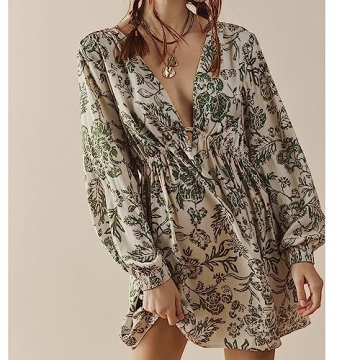 Women's Summer Print Mini Dresses Plunge Neckline Exaggerated Sleeves Ruched Waist Cutout Pleating Casual Long Sleeve Dress (US, Alpha, X-Large, Regular, Regular, Green)