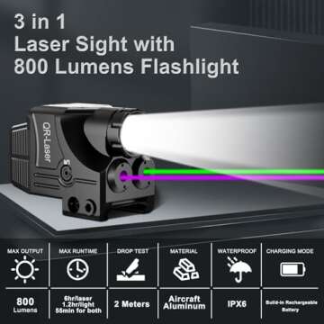 3 in 1 Green Purple Laser Light Combo, 800 Lumens Tactical Flashlight Laser Sight, Built-in USB Rech...