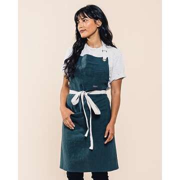 Caldo Linen Kitchen Apron for Cooking - Mens and Womens Linen Bib Apron for Professional Chef, Server, or Barista- Adjustable with Pockets (Spruce)