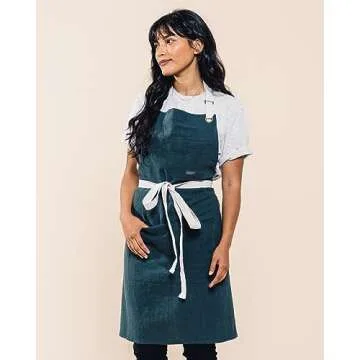 Caldo Linen Kitchen Apron for Cooking - Mens and Womens Linen Bib Apron for Professional Chef, Server, or Barista- Adjustable with Pockets (Spruce)