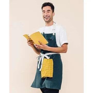 Caldo Linen Kitchen Apron for Cooking - Mens and Womens Linen Bib Apron for Professional Chef, Server, or Barista- Adjustable with Pockets (Spruce)