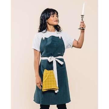 Caldo Linen Kitchen Apron for Cooking - Mens and Womens Linen Bib Apron for Professional Chef, Server, or Barista- Adjustable with Pockets (Spruce)