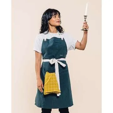 Caldo Linen Kitchen Apron for Cooking - Mens and Womens Linen Bib Apron for Professional Chef, Server, or Barista- Adjustable with Pockets (Spruce)