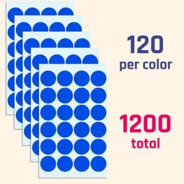 1200 Pack, 1" Round Colored Dot Stickers Labels - 10 Assorted Colors