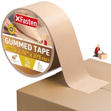 XFasten 2.75" Water Activated Paper Packing Tape - Reinforced Kraft Tape for Heavy-Duty Shipping and...