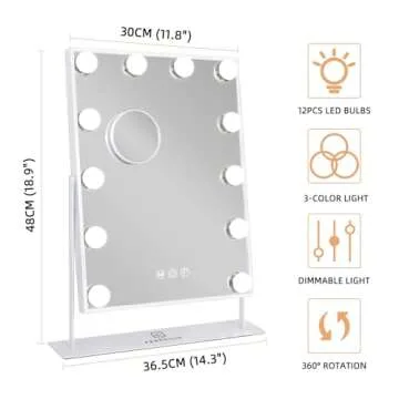 FENCHILIN Hollywood Vanity Mirror with Lights, Lighted Makeup Mirror with 3 Color Light Modes, Smart Touch Control, 360 Degree Rotation(White)