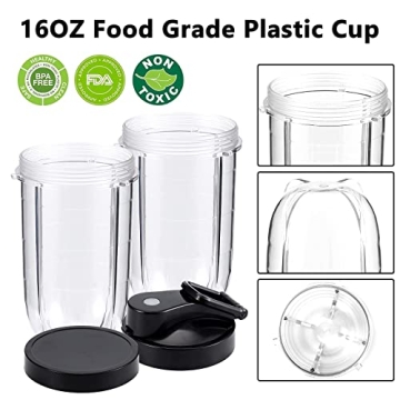 MB1001 16oz 7PCS Blender Replacement Parts 250W Compatible for Magic Bullet with blender cups & Premium Extractor Cross Blade & 2 Extra Gasket & Flip-Top To-Go Lid & Flat Lid MBR Series