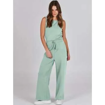 ANRABESS Womens Jumpsuits 2025 Casual Summer Dressy Romper Sleeveless Wide Leg Long Pants Outfits Fashion Travel Clothes Green Small