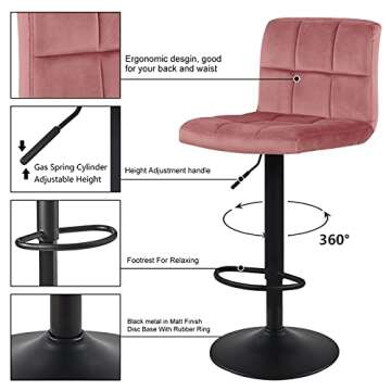 DUHOME Velvet Bar Stools Set of 2 Adjustable Pink