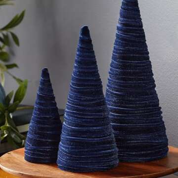 Navy Velvet Cones Set of 3, Mantel decor Holiday Entryway, Minimalist decor, Blue Christmas, Tree Fi...