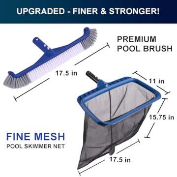 Fine Mesh Pool Net & Brush Head Combo - Sturdy Skimmer with 17.5" Professional Brushes for Pool Wall...