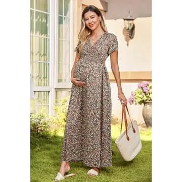 OUGES Maternity Maxi Dress Wrap V Neck Baby Shower Pregnancy Dresses for Photoshoot Summer Maternity Clothes 2025(Floral-16,L)