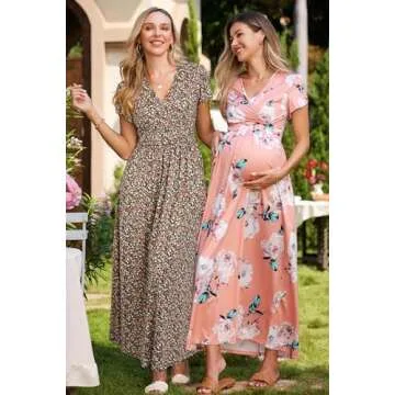 OUGES Maternity Maxi Dress Wrap V Neck Baby Shower Pregnancy Dresses for Photoshoot Summer Maternity Clothes 2025(Floral-16,L)