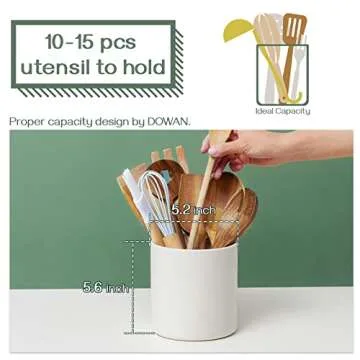 DOWAN Kitchen Utensil Holder, Utensil Holder for Countertop, Utensil Crock, Handmade DIY Gifts, Cooking Utensil Holder with Table-Protection Cork Mat, Farmhouse Kitchen Decor, Cream White