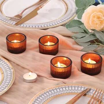 HAVITI 24 pcs Amber Tealight Candle Holders, Glass Votive Candle Holders Fall Decorations for Home Table Wedding Centerpieces, Party Supplies and Vintage Decor