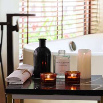 HAVITI 24 pcs Amber Tealight Candle Holders, Glass Votive Candle Holders Fall Decorations for Home Table Wedding Centerpieces, Party Supplies and Vintage Decor