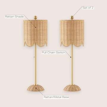 JONATHAN Y JYL1138A-SET2 Celerie 27.5" Coastal Bohemian Rattan/Iron Scalloped Buffet LED Table Lamp with Pull Chain, Natural/Brass Gold (Set of 2), for Entry Console, Bedroom, Dining Room