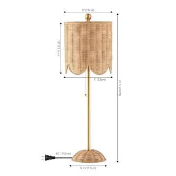 JONATHAN Y JYL1138A-SET2 Celerie 27.5" Coastal Bohemian Rattan/Iron Scalloped Buffet LED Table Lamp with Pull Chain, Natural/Brass Gold (Set of 2), for Entry Console, Bedroom, Dining Room