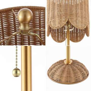 JONATHAN Y JYL1138A-SET2 Celerie 27.5" Coastal Bohemian Rattan/Iron Scalloped Buffet LED Table Lamp with Pull Chain, Natural/Brass Gold (Set of 2), for Entry Console, Bedroom, Dining Room