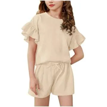 VBGHZXJL Girls Summer Outfit Ruffle Sleeve Top And Elastic Waist Shorts Clothing Set Lightweight Cas...