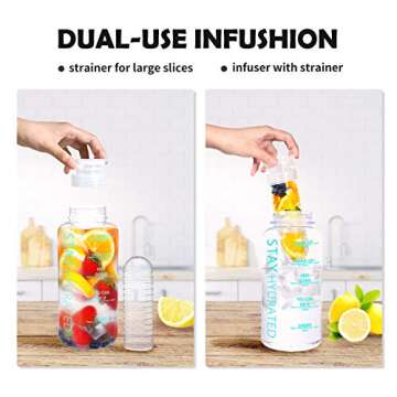 32oz Fruit Infuser Water Bottle, Large Motivational Water Bottle with Time Marker, Leak Proof Fruit Infused Water Bottles with Infusion Rod, Tritan BPA Free Water Bottle Jug for Home Sports Outdoors