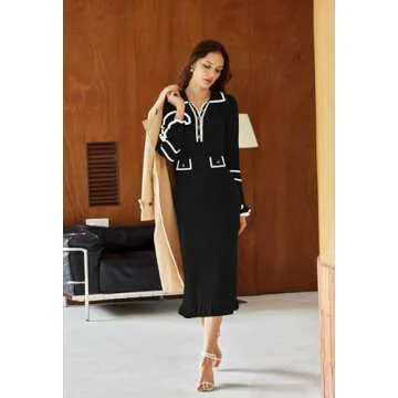 Pink Queen Women's Long Sleeve Fall Sweater Dress Elegant Color Block Ribbed Cocktail Party Dress Half Button Down V Neck Sheath Dresses Outfit Black S