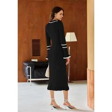 Pink Queen Women's Long Sleeve Fall Sweater Dress Elegant Color Block Ribbed Cocktail Party Dress Half Button Down V Neck Sheath Dresses Outfit Black S