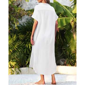 Swimsuit Cover Up White Cover Ups Swimwear Women Casual Short Sleeve Button Down Side Split Long Kim...