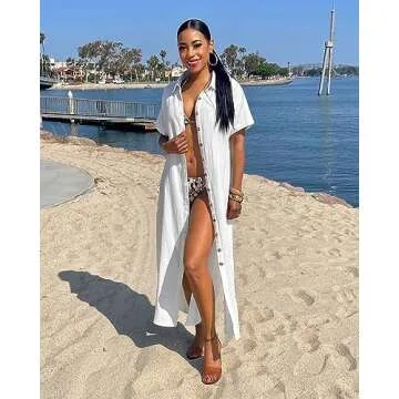 Swimsuit Cover Up White Cover Ups Swimwear Women Casual Short Sleeve Button Down Side Split Long Kimonos Cardigans