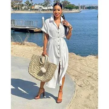 Swimsuit Cover Up White Cover Ups Swimwear Women Casual Short Sleeve Button Down Side Split Long Kimonos Cardigans