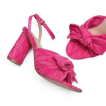 Chunky Heeled Sandals For Women - Block Heels Pleated Bowknot Open Toe Ankle Strap Block Heel Sandals - Summer Cute Comfy Wedding Bridal Dress Pumps,Hot Pink Size 6