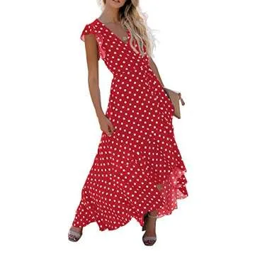 GRECERELLE Women's Summer Floral Print Cross V Neck Dress Bohemian Flowy Long Maxi Dress PD-Red-Large