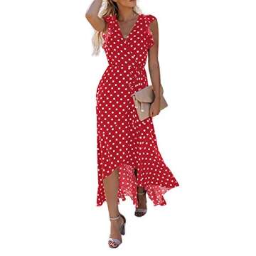 GRECERELLE Women's Summer Floral Print Cross V Neck Dress Bohemian Flowy Long Maxi Dress PD-Red-Large