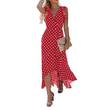 GRECERELLE Women's Summer Floral Print Cross V Neck Dress Bohemian Flowy Long Maxi Dress PD-Red-Large