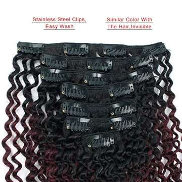 Lovrio Kinkys Curly Virgin Brazilian Clip in Human Extensions Double Weft Remy Hair for African American Ombre Tone Natural Black Fading into Cherry Wine Color 7 Pieces 120g KCTN/99J 14"