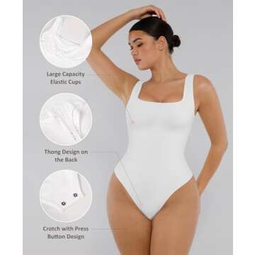 FeelinGirl Body Suits for Womens Tummy Control Bodysuit Square Neck Compression Bodysuit Thong Shapewear Bodysuit White XL/XXL