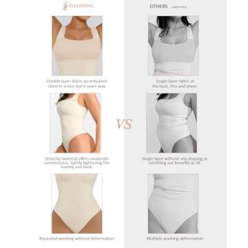 FeelinGirl Body Suits for Womens Tummy Control Bodysuit Square Neck Compression Bodysuit Thong Shapewear Bodysuit White XL/XXL