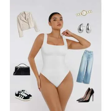 FeelinGirl Body Suits for Womens Tummy Control Bodysuit Square Neck Compression Bodysuit Thong Shapewear Bodysuit White XL/XXL