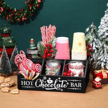 Barydat Christmas Hot Cocoa Bar Wood Coffee Station Organizer Countertop with 4 Compartment Coffee Bar Decorative Holder Xmas Basket Organizer Bin for Kitchen Holiday Gift Party Home Supplies(Black)