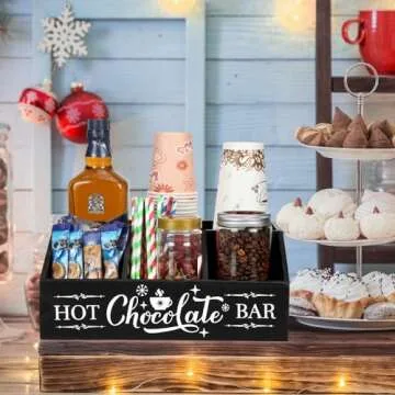 Barydat Christmas Hot Cocoa Bar Wood Coffee Station Organizer Countertop with 4 Compartment Coffee Bar Decorative Holder Xmas Basket Organizer Bin for Kitchen Holiday Gift Party Home Supplies(Black)